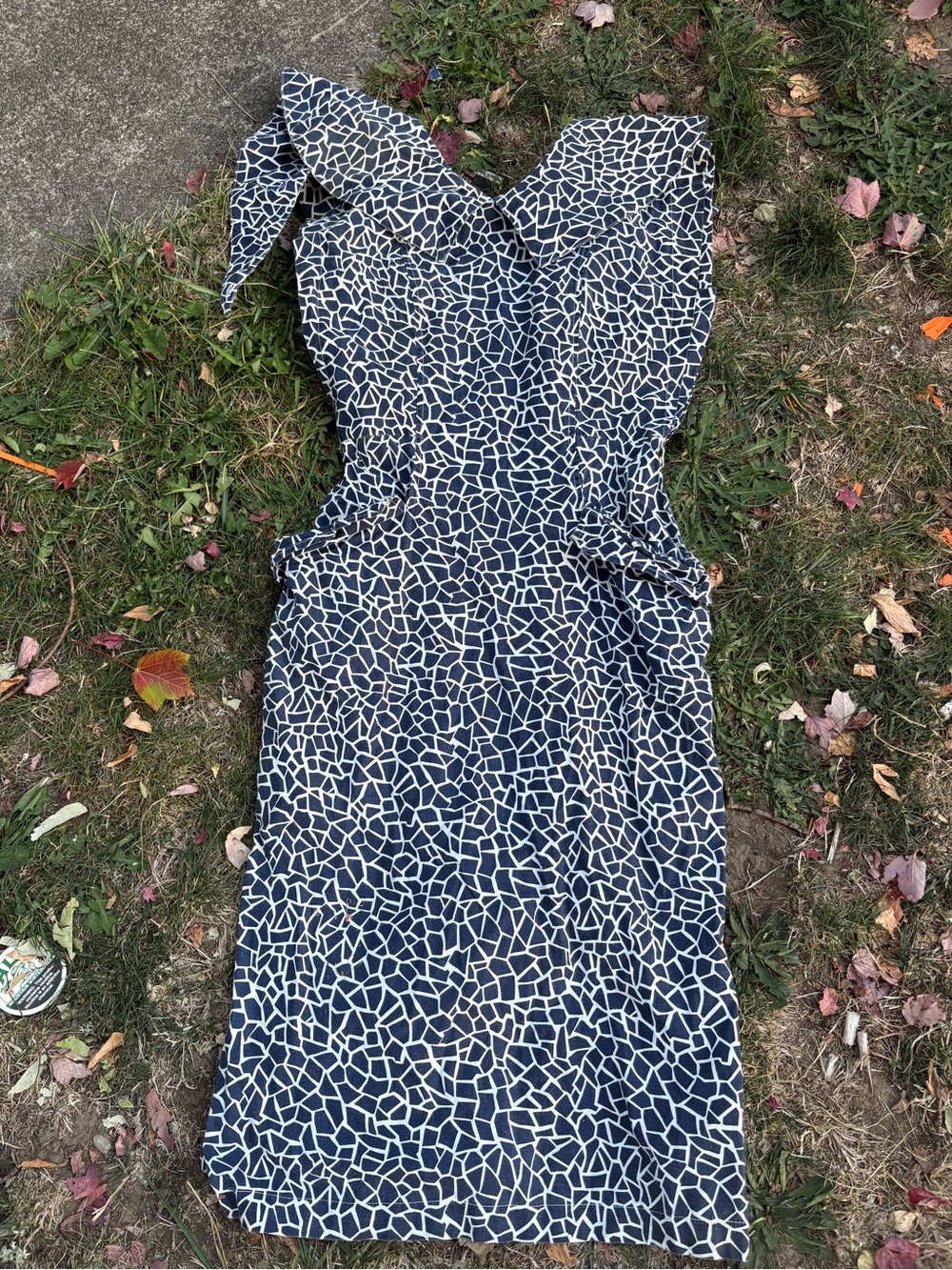 One-Shoulder Navy and White Patterned Dress
